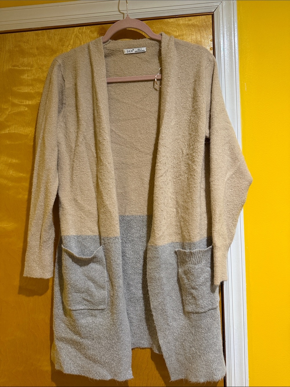 Dex Two-Tone Open Front Cardigan - Beige & Light Gray
